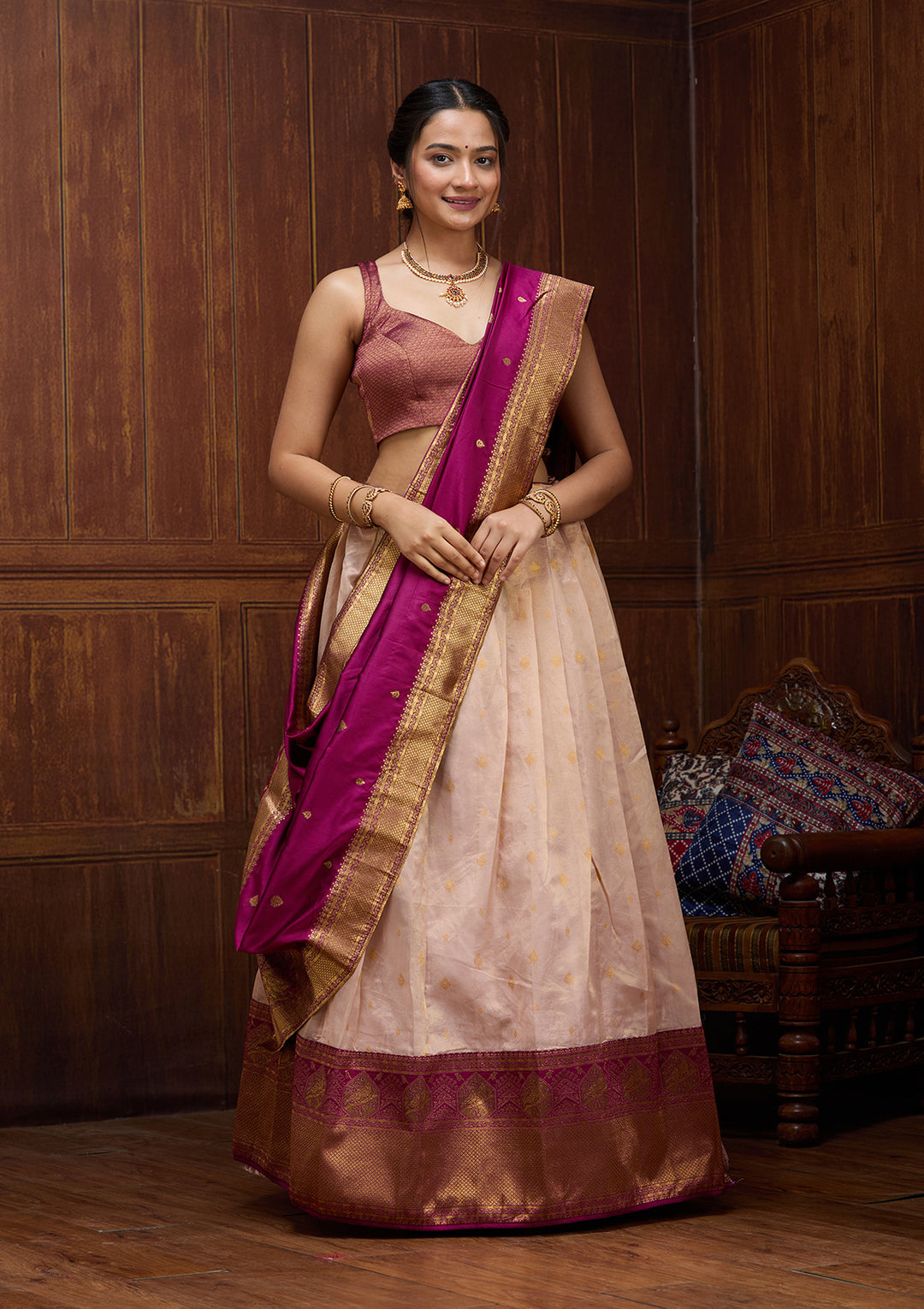 Pink  Banarasi Semi-Stitched Lehenga