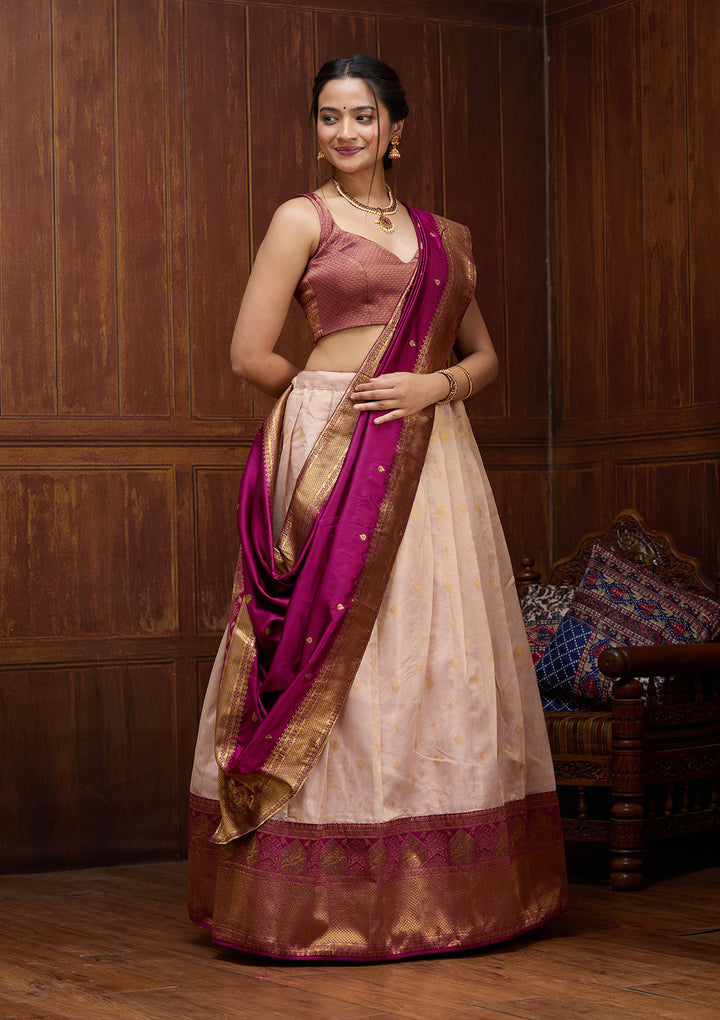 Pink  Banarasi Semi-Stitched Lehenga