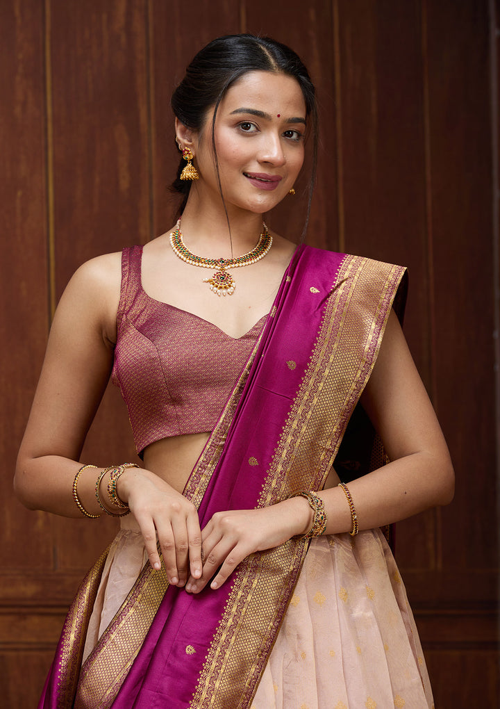 Pink  Banarasi Semi-Stitched Lehenga