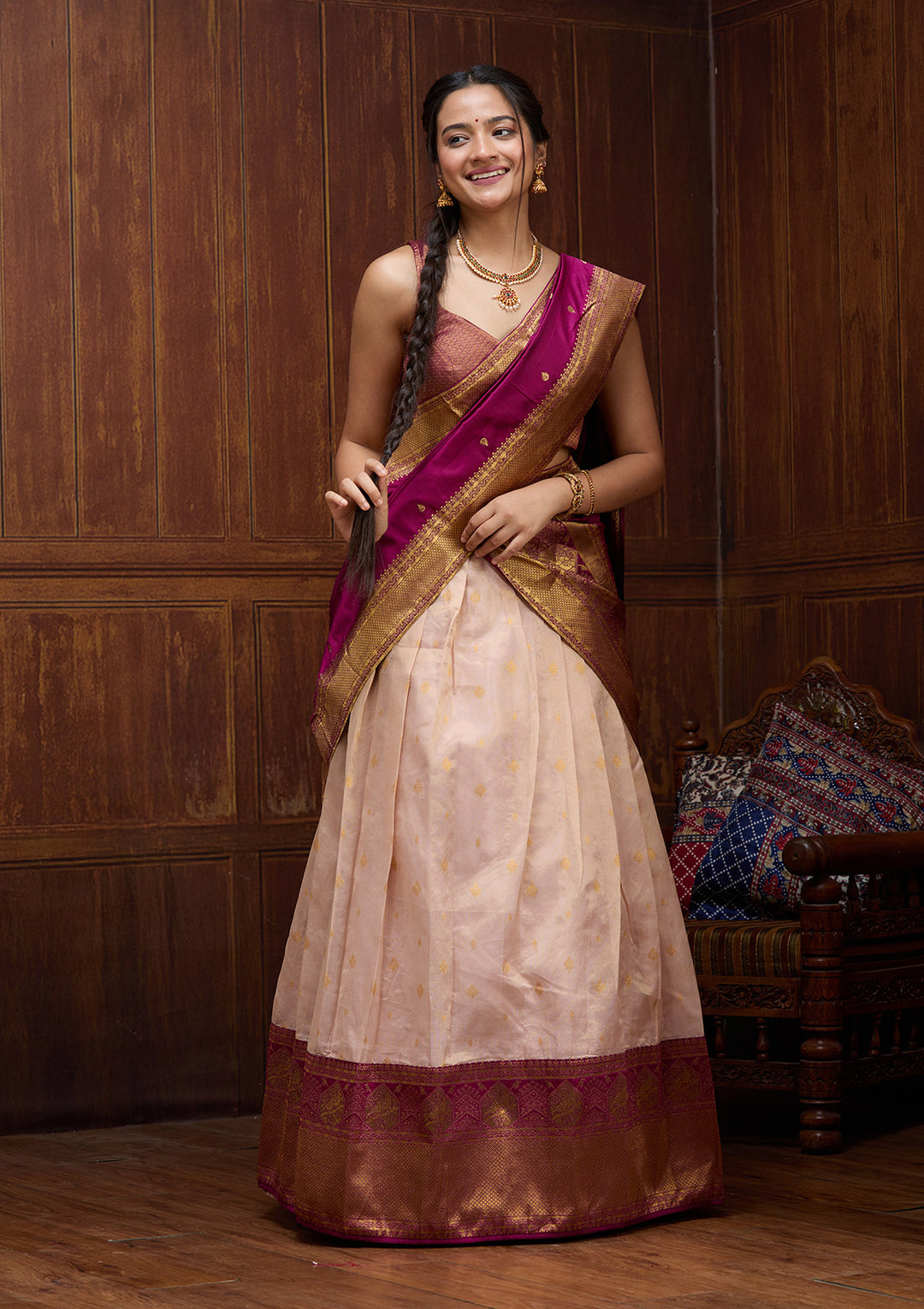 Pink  Banarasi Semi-Stitched Lehenga