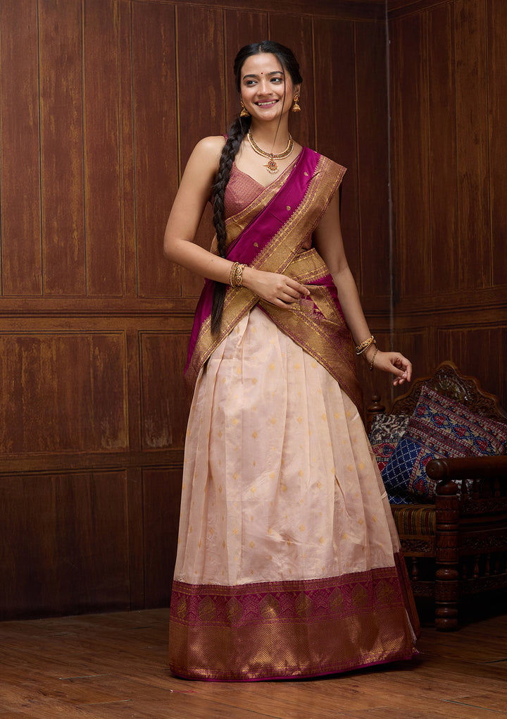 Pink  Banarasi Semi-Stitched Lehenga