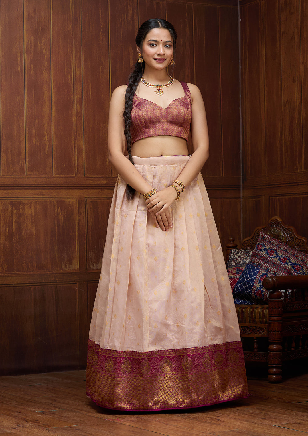 Pink  Banarasi Semi-Stitched Lehenga