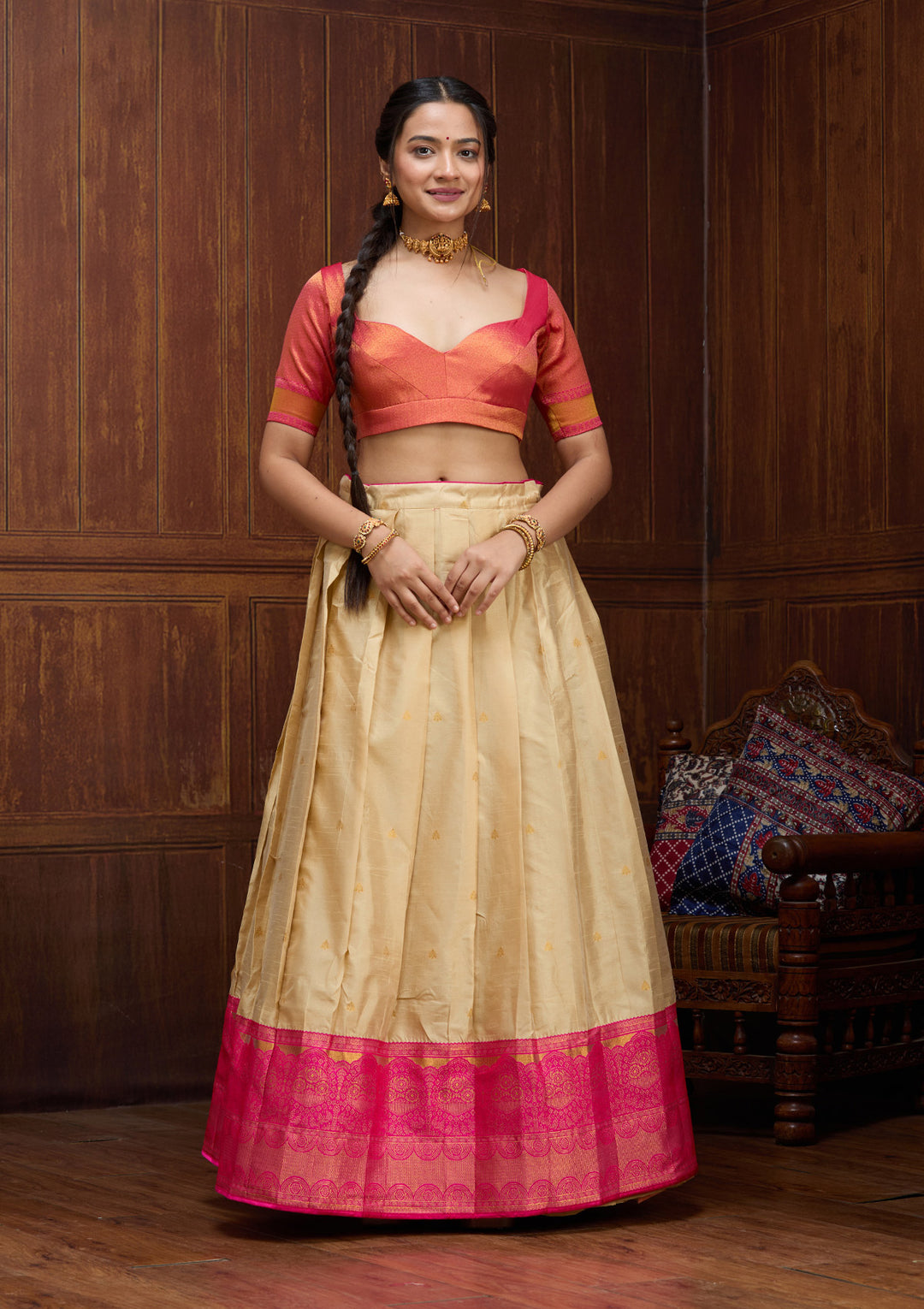 Beige Banarasi Semi-Stitched Lehenga