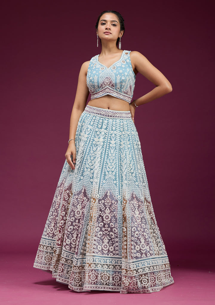 Sky Blue Pearlwork Net Readymade Lehenga