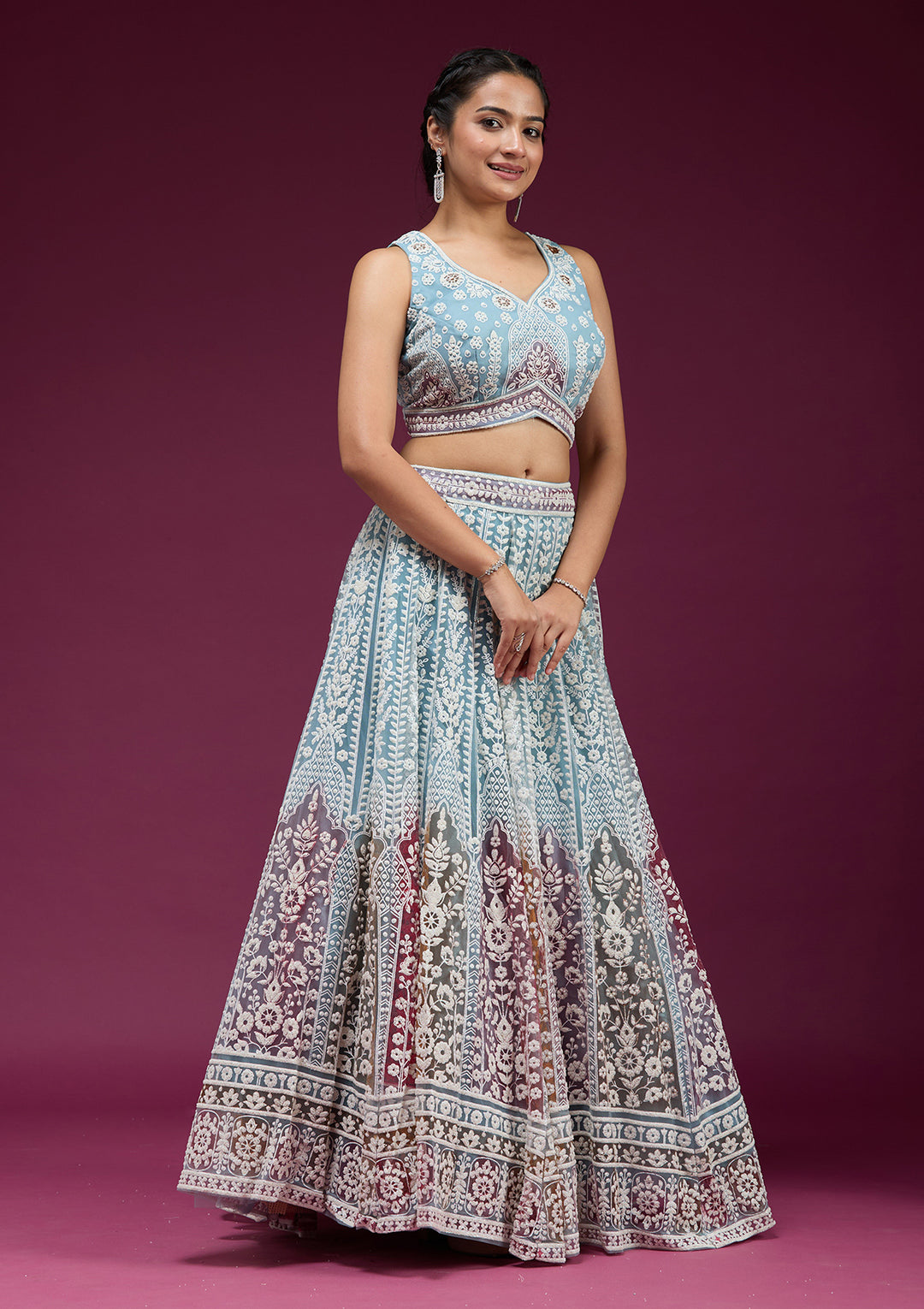 Sky Blue Pearlwork Net Readymade Lehenga