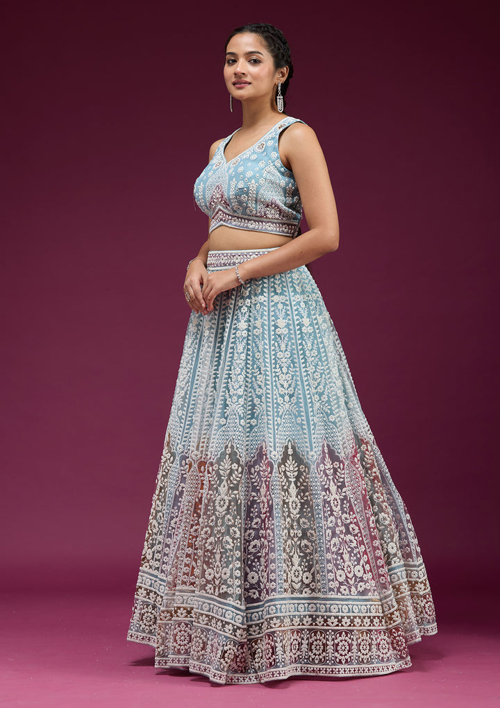 Sky Blue Pearlwork Net Readymade Lehenga