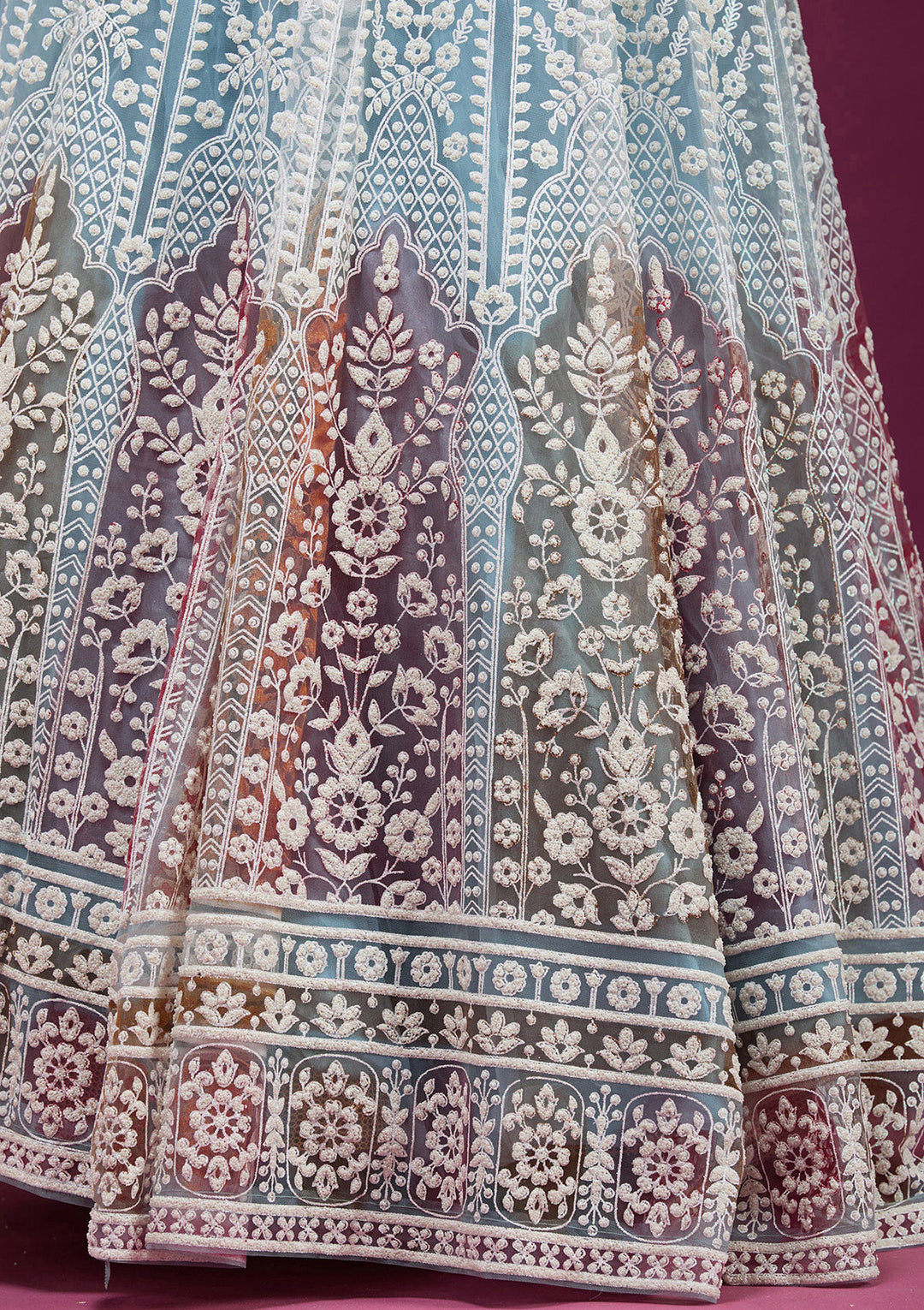 Sky Blue Pearlwork Net Readymade Lehenga