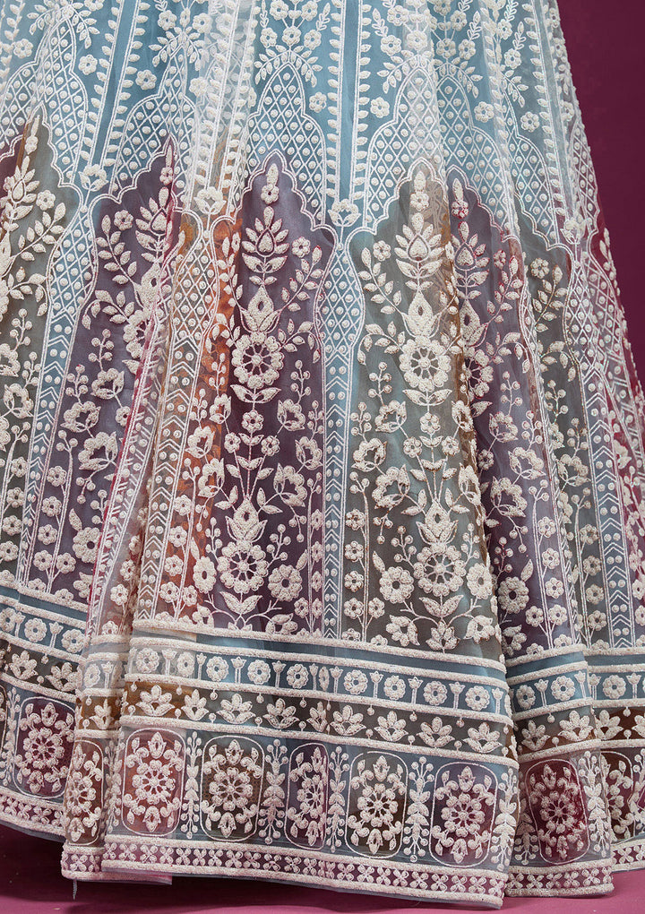 Sky Blue Pearlwork Net Readymade Lehenga