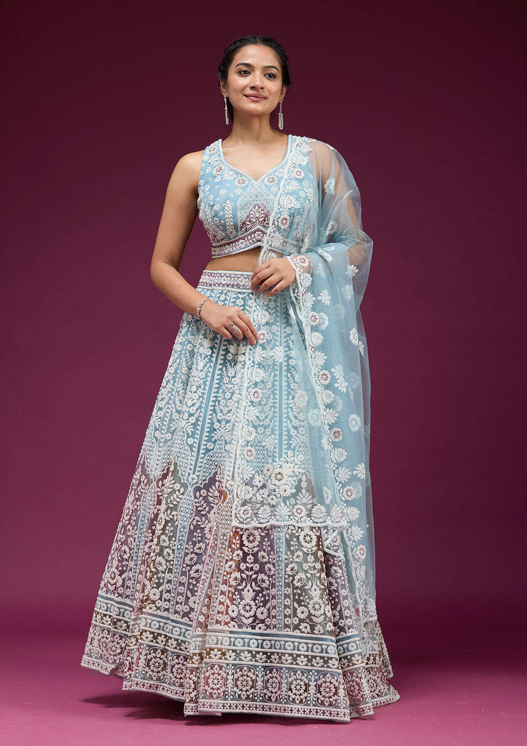 Sky Blue Pearlwork Net Readymade Lehenga