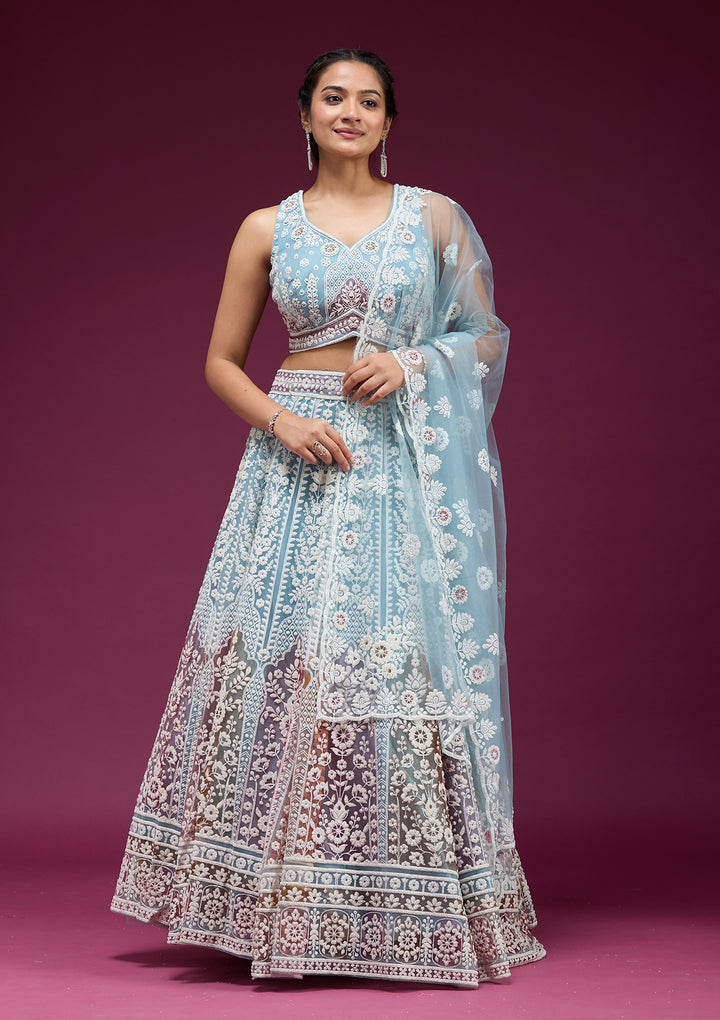 Sky Blue Pearlwork Net Readymade Lehenga