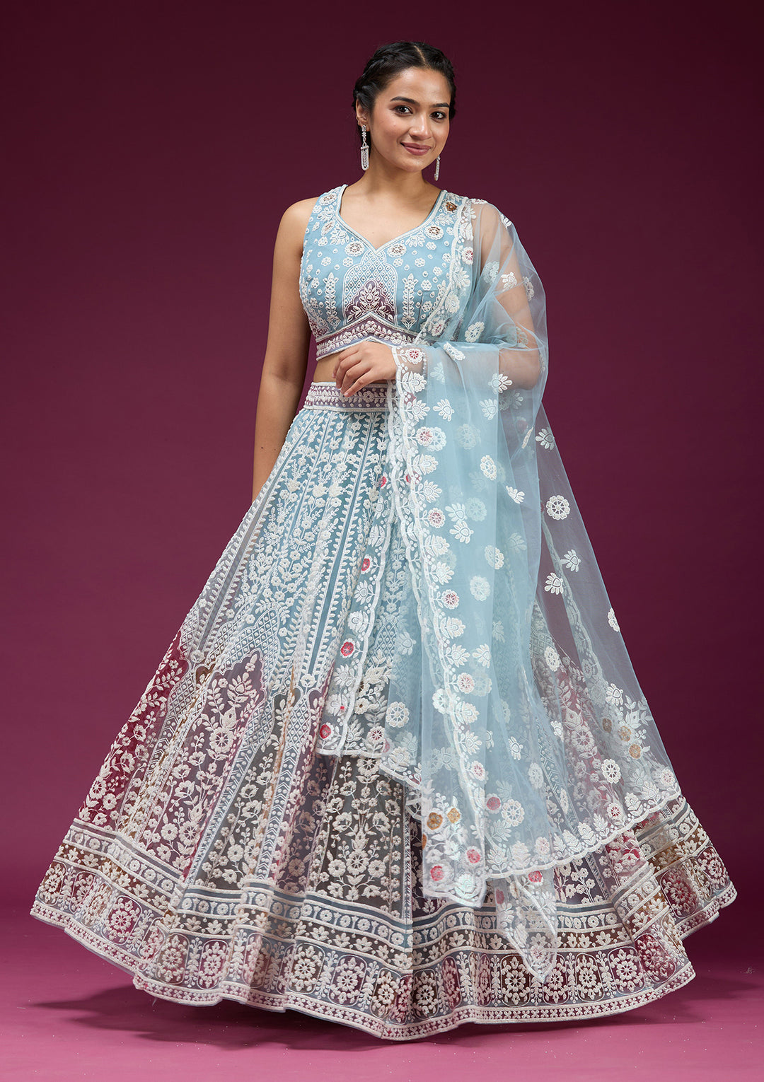 Sky Blue Pearlwork Net Readymade Lehenga