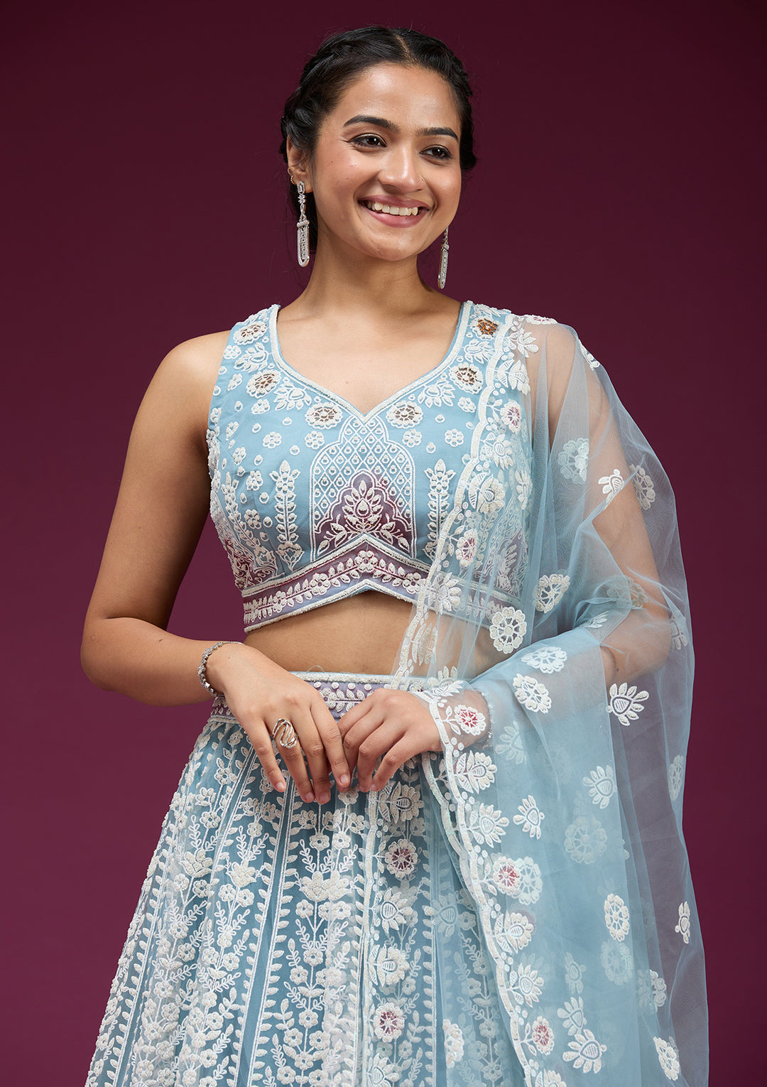 Sky Blue Pearlwork Net Readymade Lehenga