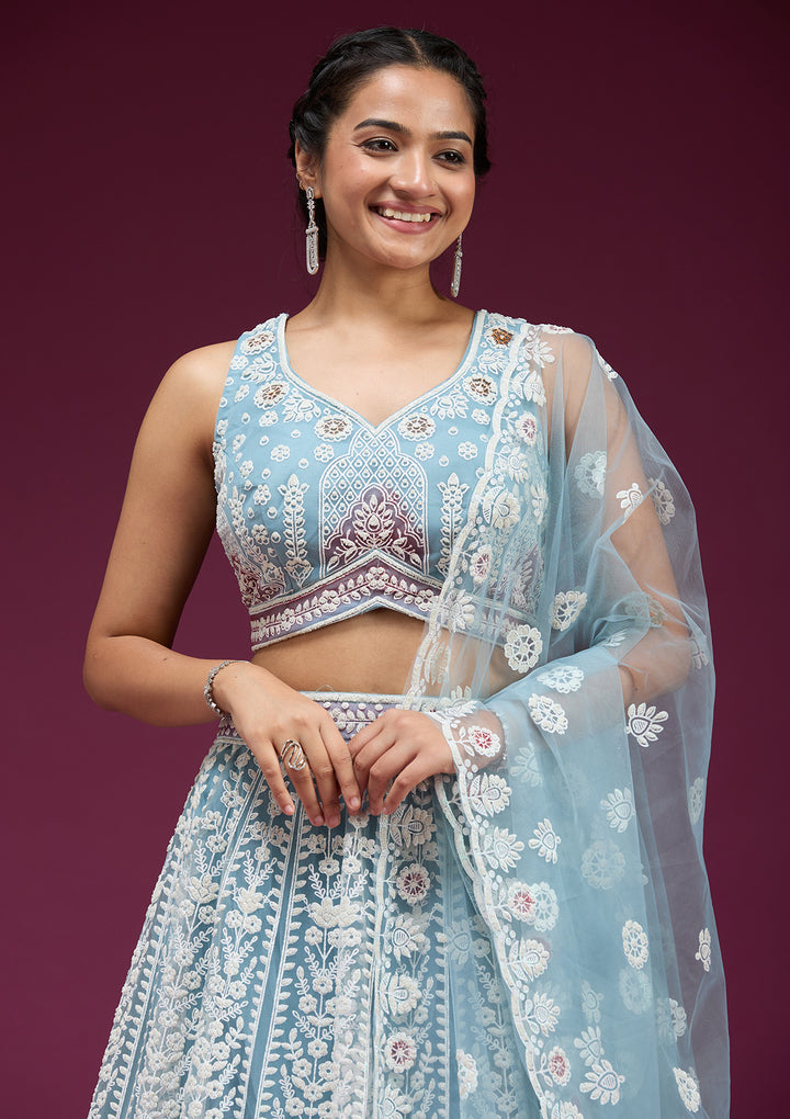 Sky Blue Pearlwork Net Readymade Lehenga