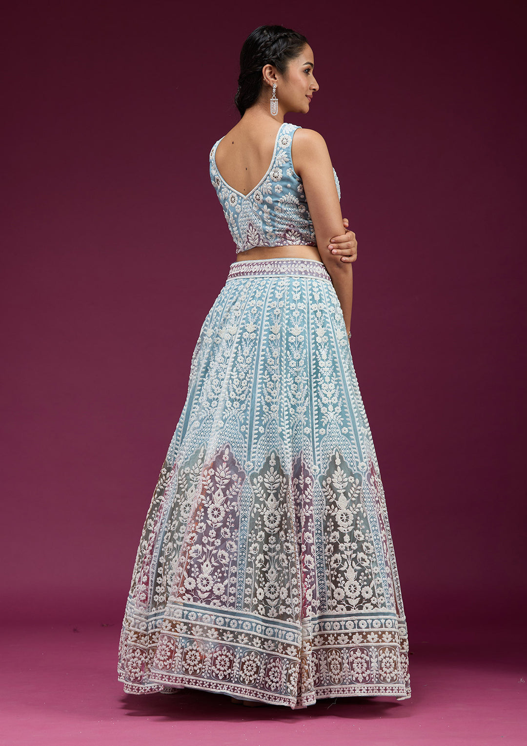 Sky Blue Pearlwork Net Readymade Lehenga