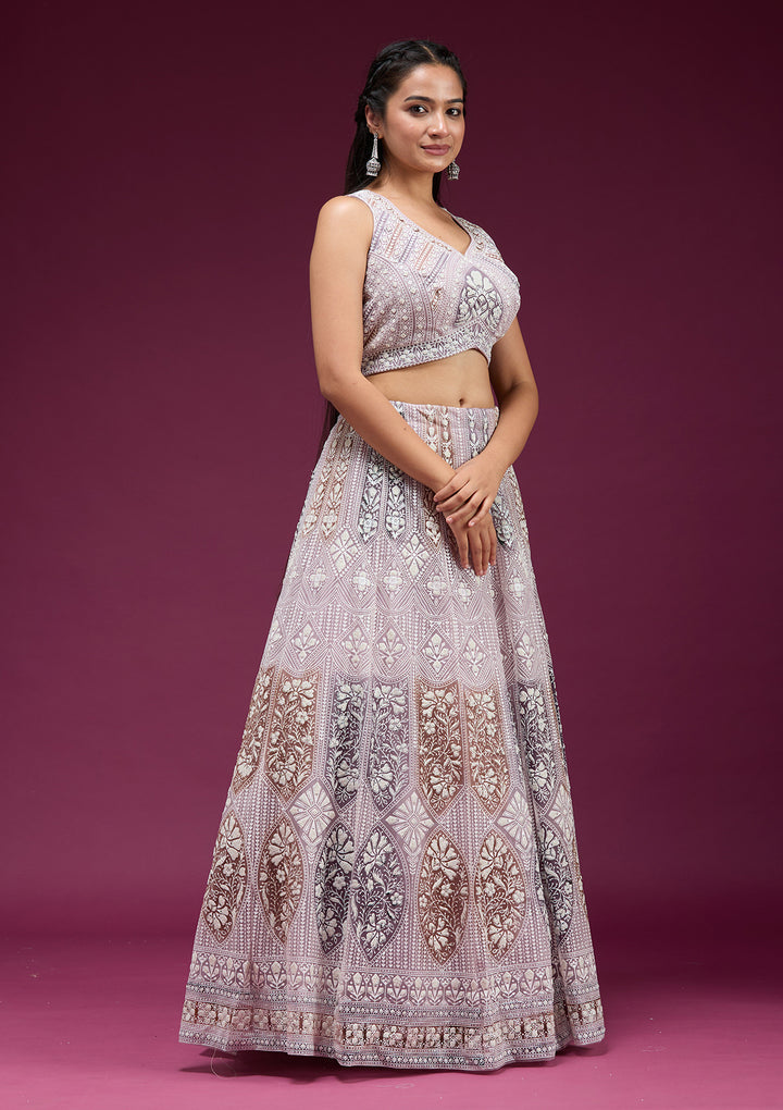 Beige Pearlwork Net Readymade Lehenga