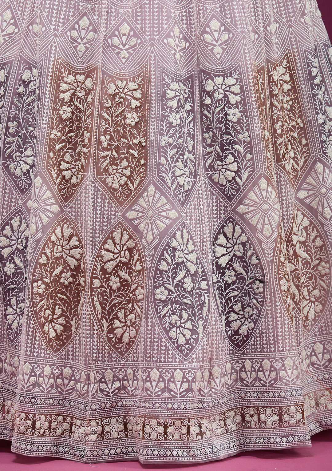 Beige Pearlwork Net Readymade Lehenga