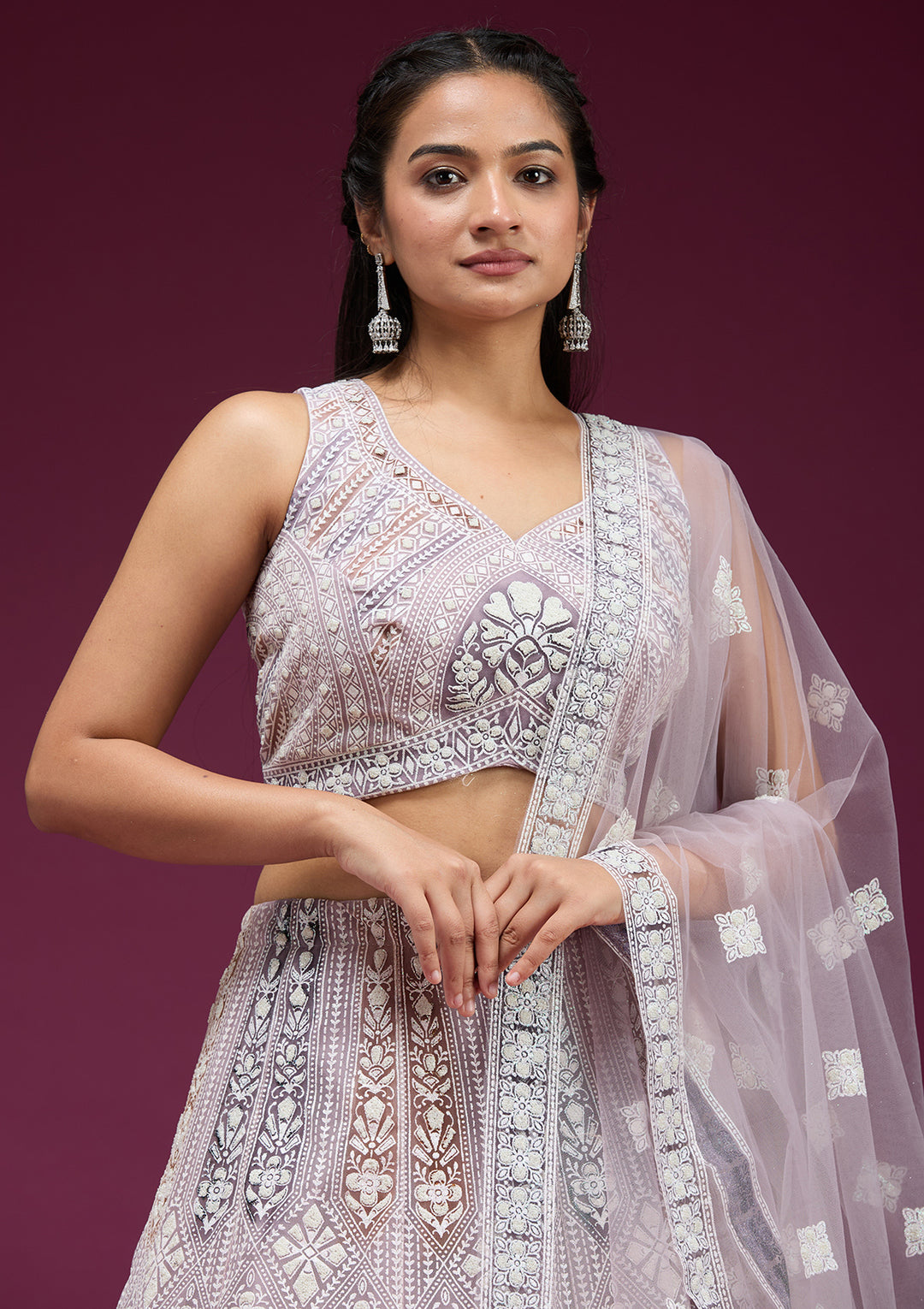 Beige Pearlwork Net Readymade Lehenga