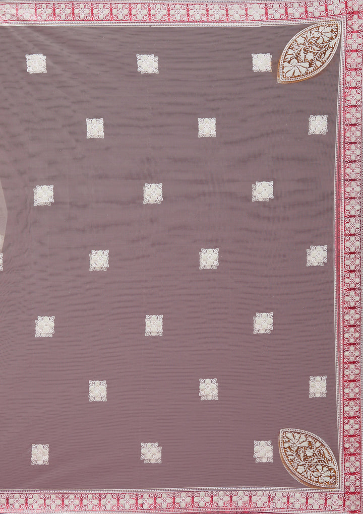 Beige Pearlwork Net Readymade Lehenga