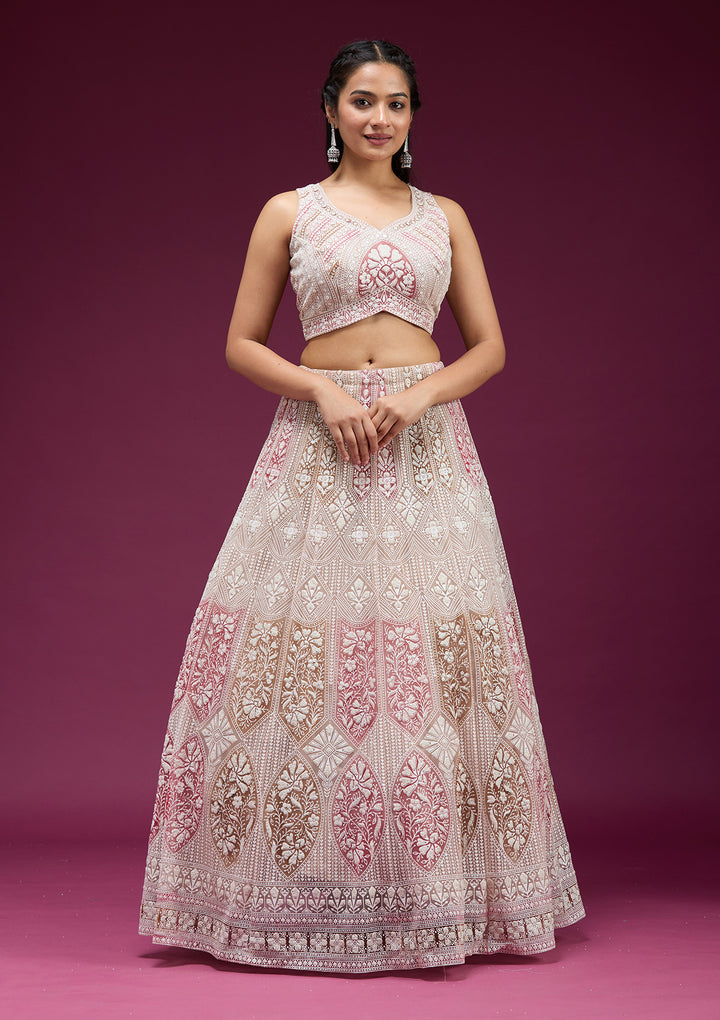 Beige Pearlwork Net Readymade Lehenga