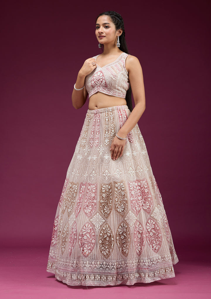 Beige Pearlwork Net Readymade Lehenga