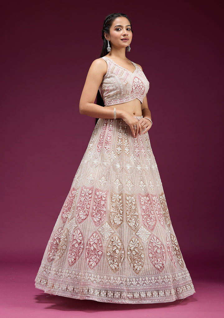 Beige Pearlwork Net Readymade Lehenga