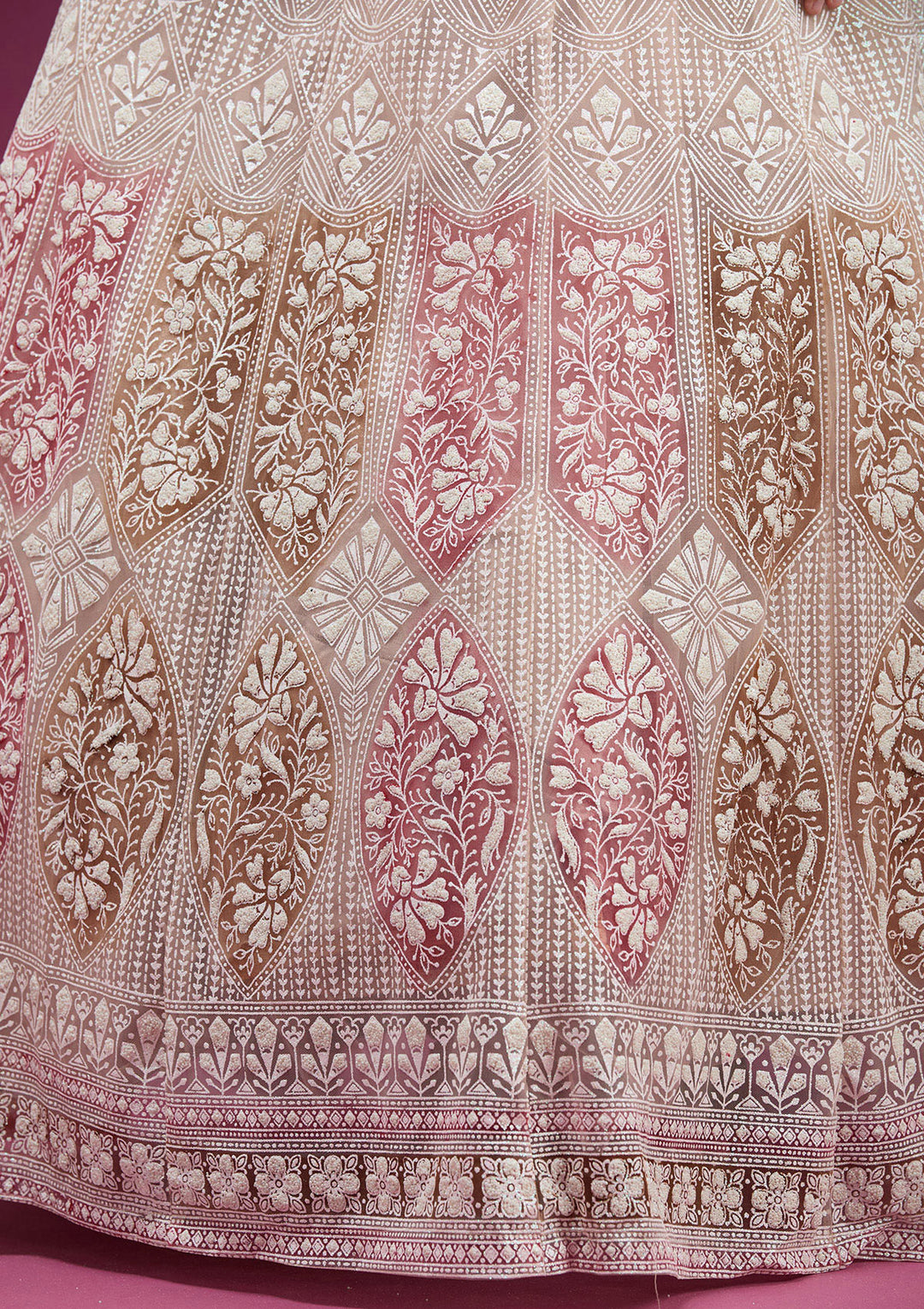 Beige Pearlwork Net Readymade Lehenga