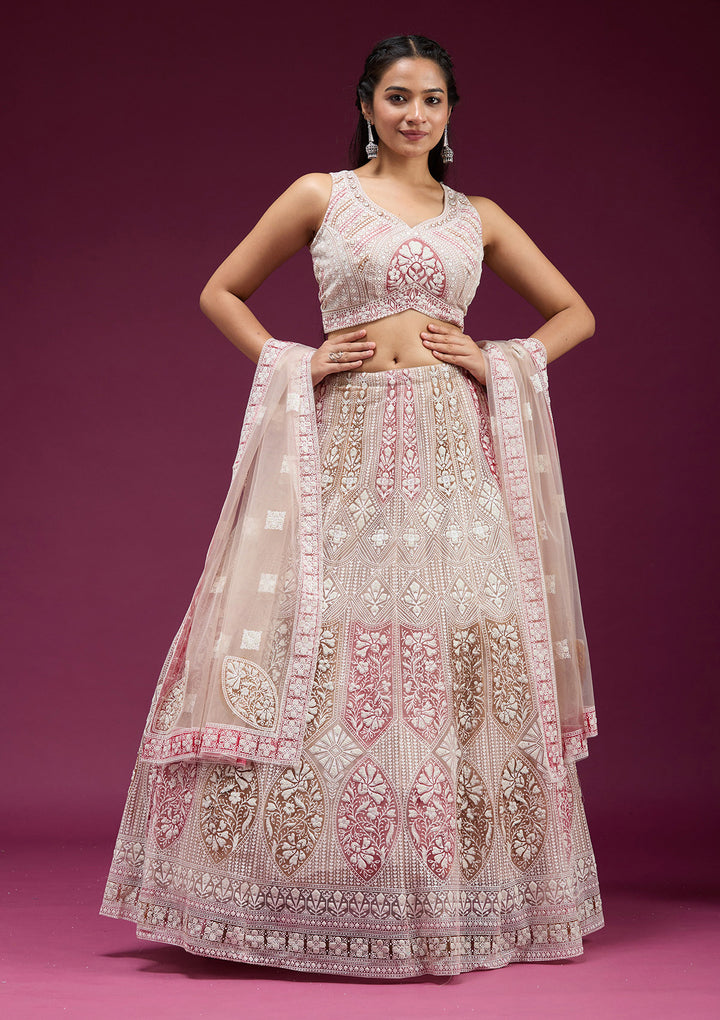 Beige Pearlwork Net Readymade Lehenga