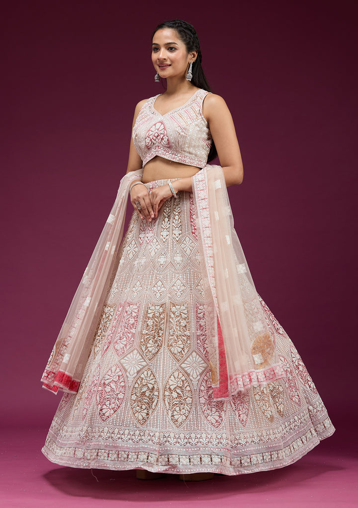 Beige Pearlwork Net Readymade Lehenga