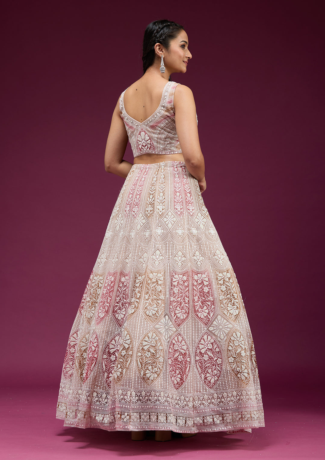 Beige Pearlwork Net Readymade Lehenga