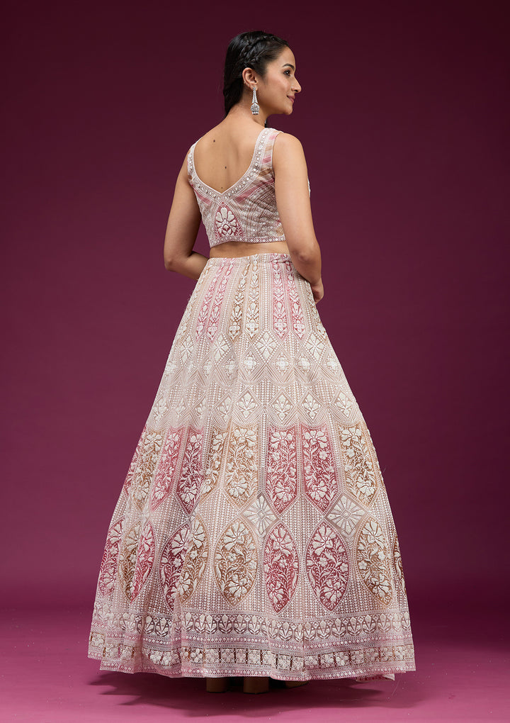 Beige Pearlwork Net Readymade Lehenga