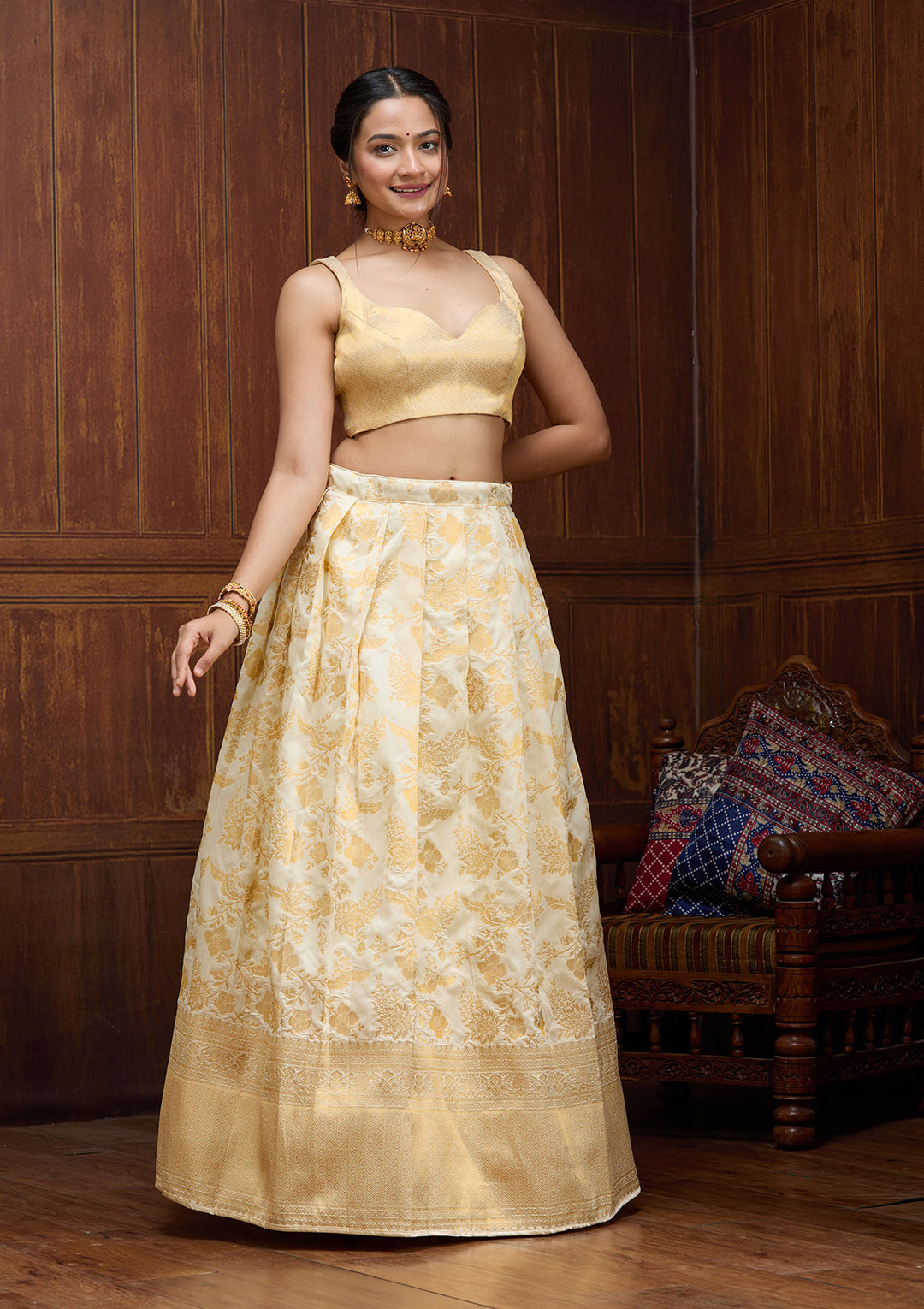Off White Banarasi Semi-Stiched Lehenga
