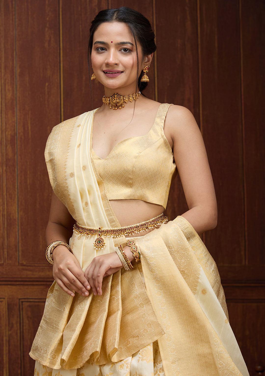 Off White Banarasi Semi-Stiched Lehenga