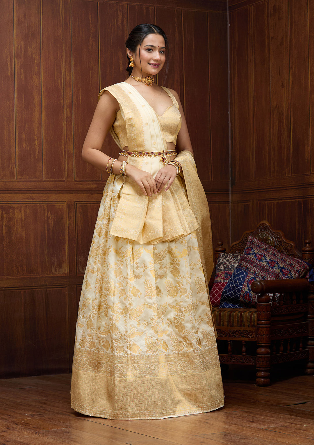 Off White Banarasi Semi-Stiched Lehenga
