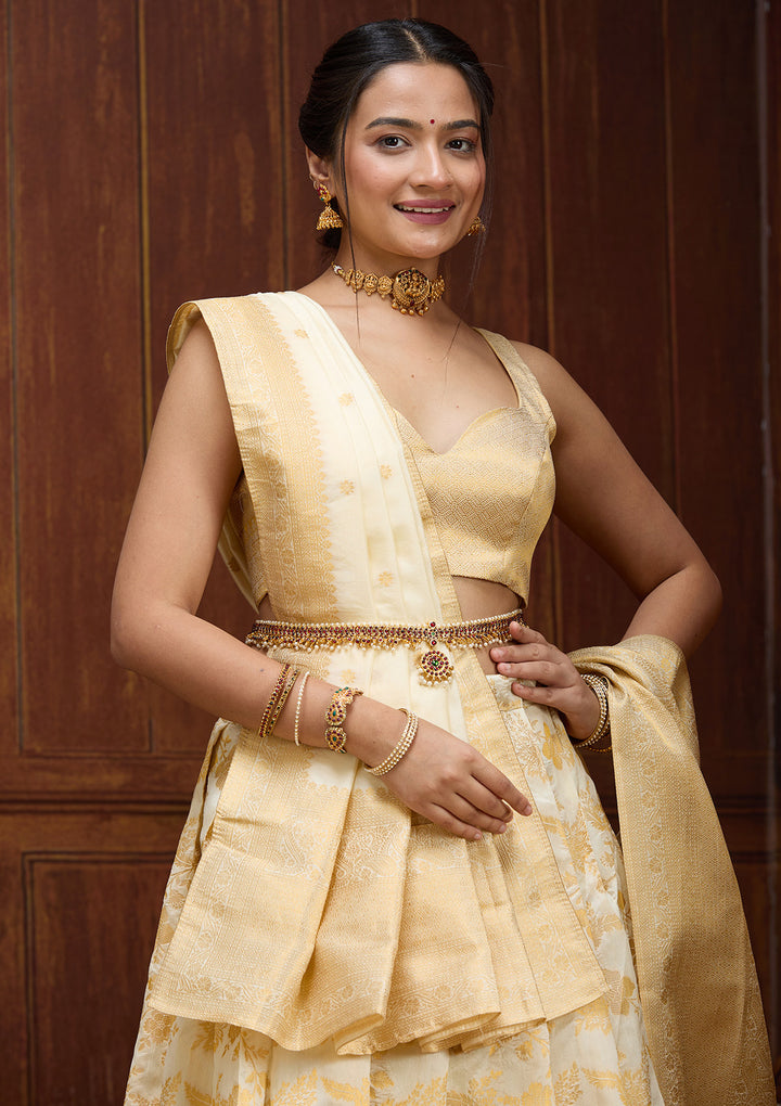 Off White Banarasi Semi-Stiched Lehenga