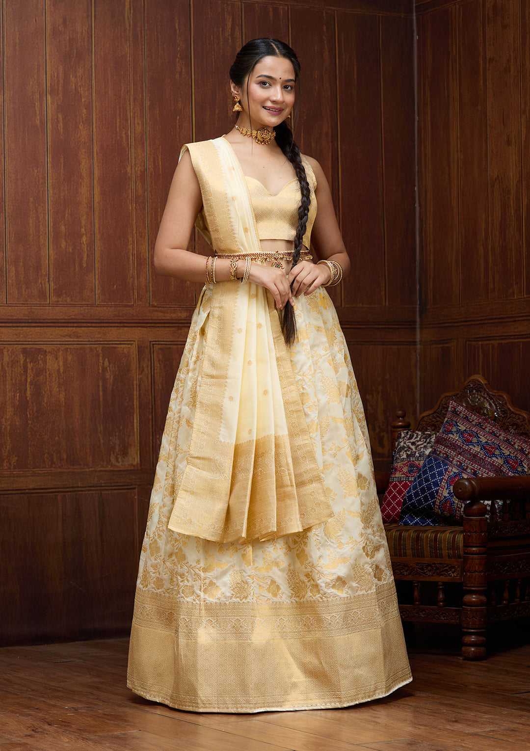 Off White Banarasi Semi-Stiched Lehenga