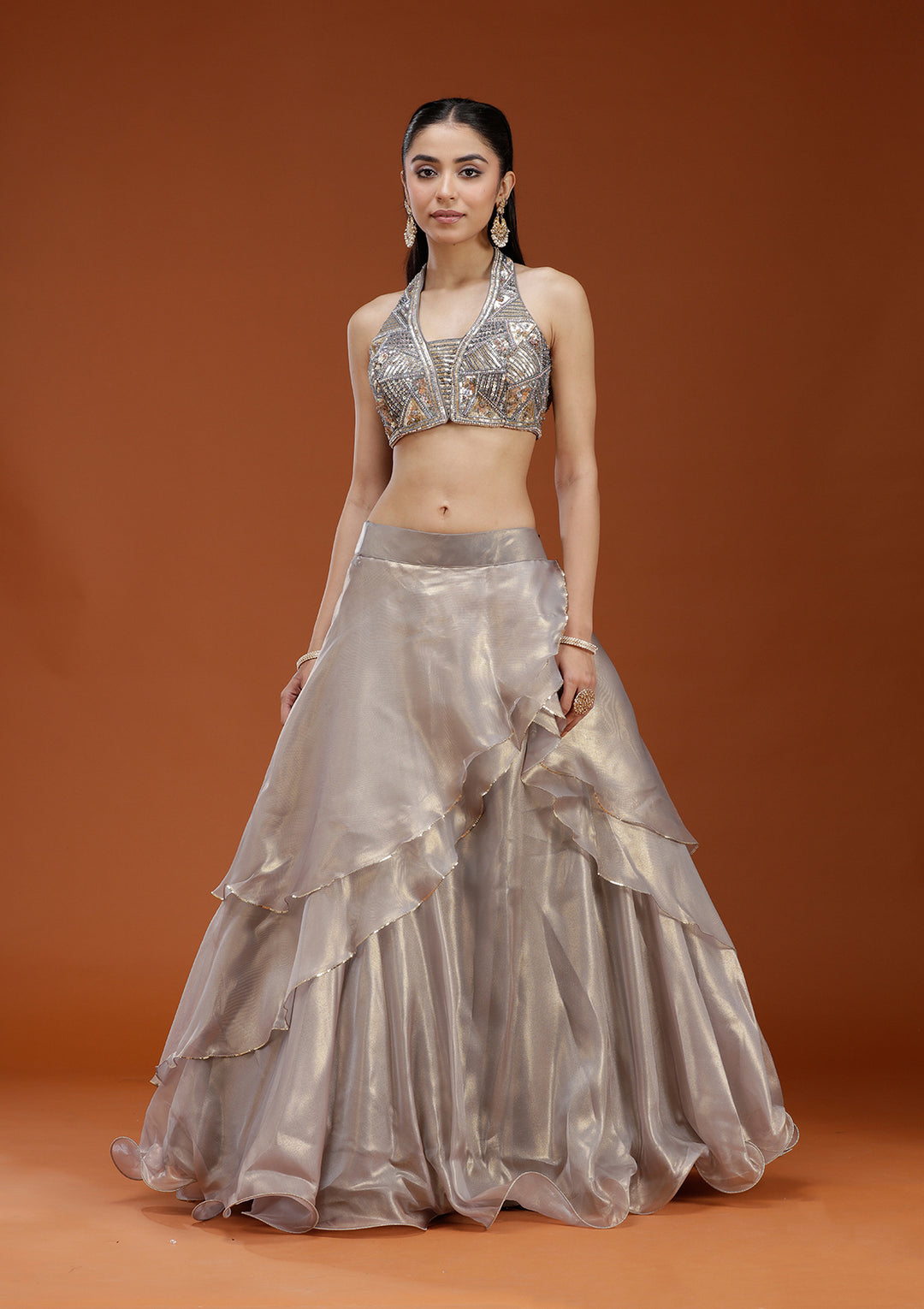 Grey Stonework Organza Readymade Lehenga