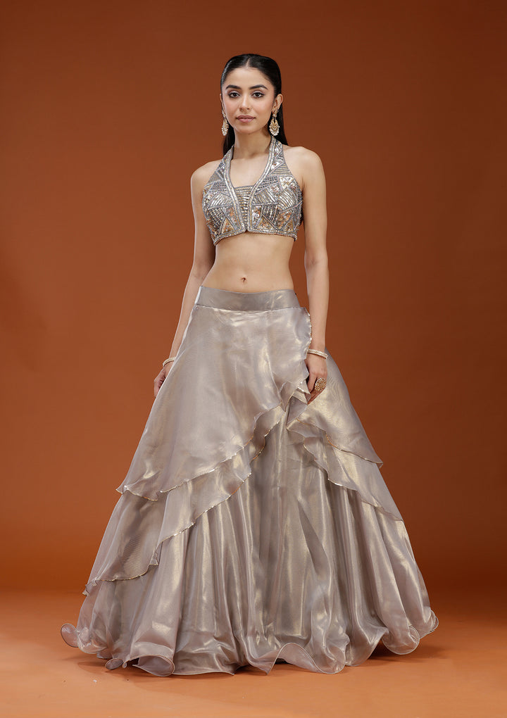 Grey Stonework Organza Readymade Lehenga