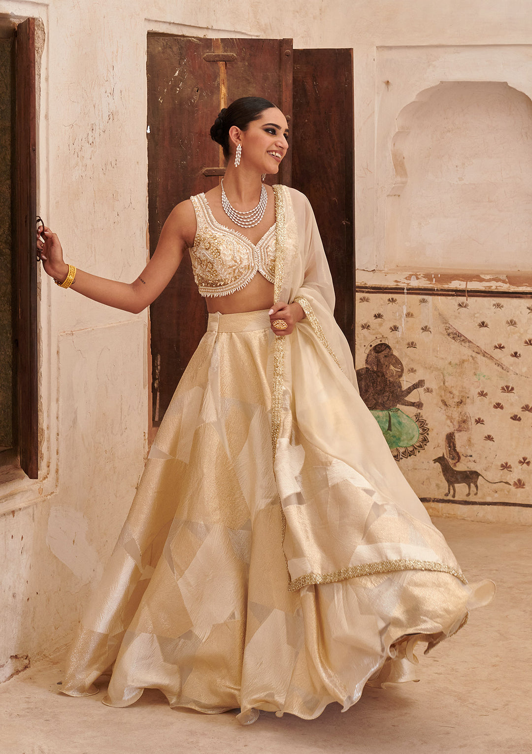 Cream Pearlwork Organza Readymade Lehenga