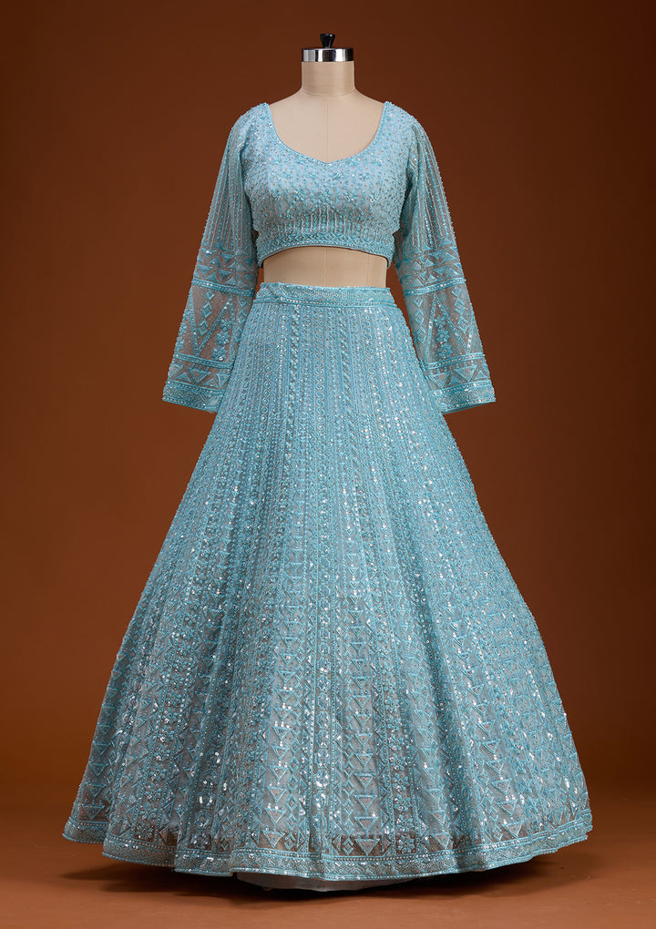 Sky Blue Threadwork Net Readymade Lehenga