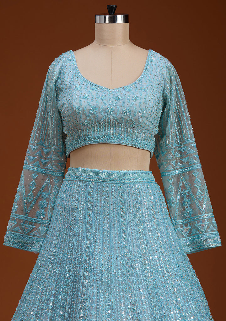 Sky Blue Threadwork Net Readymade Lehenga