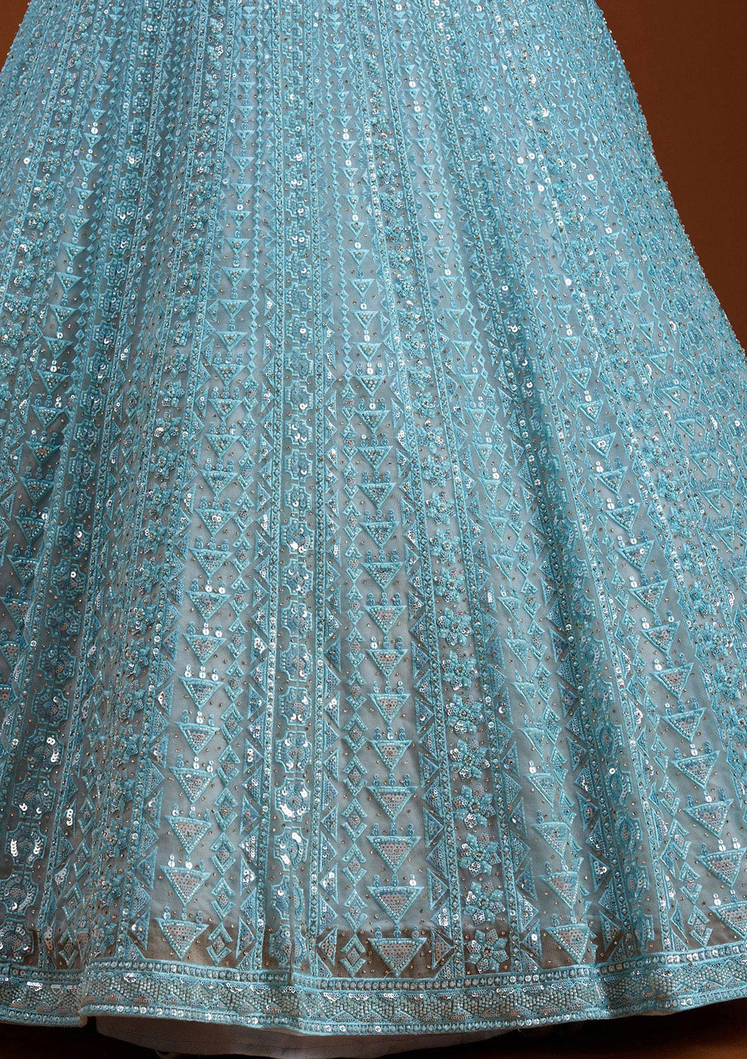 Sky Blue Threadwork Net Readymade Lehenga