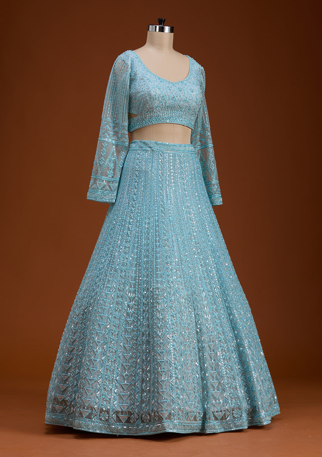 Sky Blue Threadwork Net Readymade Lehenga