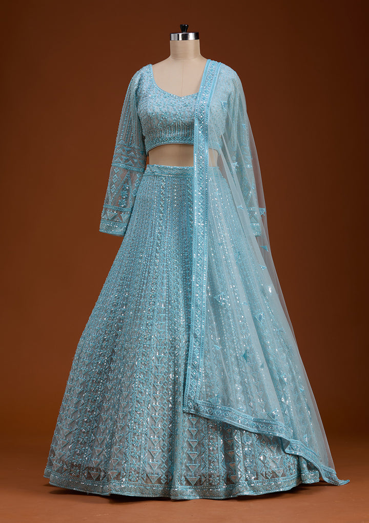 Sky Blue Threadwork Net Readymade Lehenga
