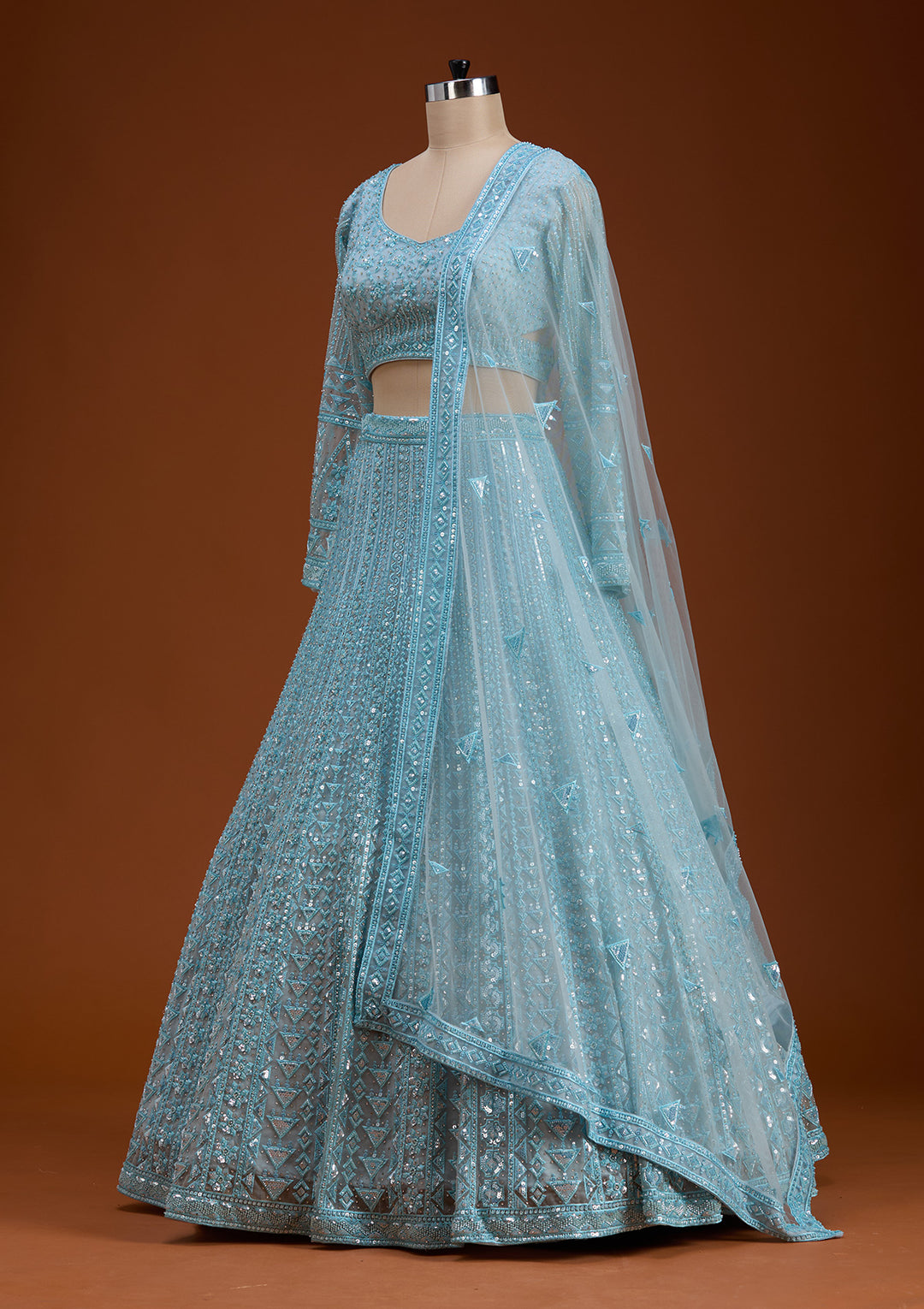 Sky Blue Threadwork Net Readymade Lehenga