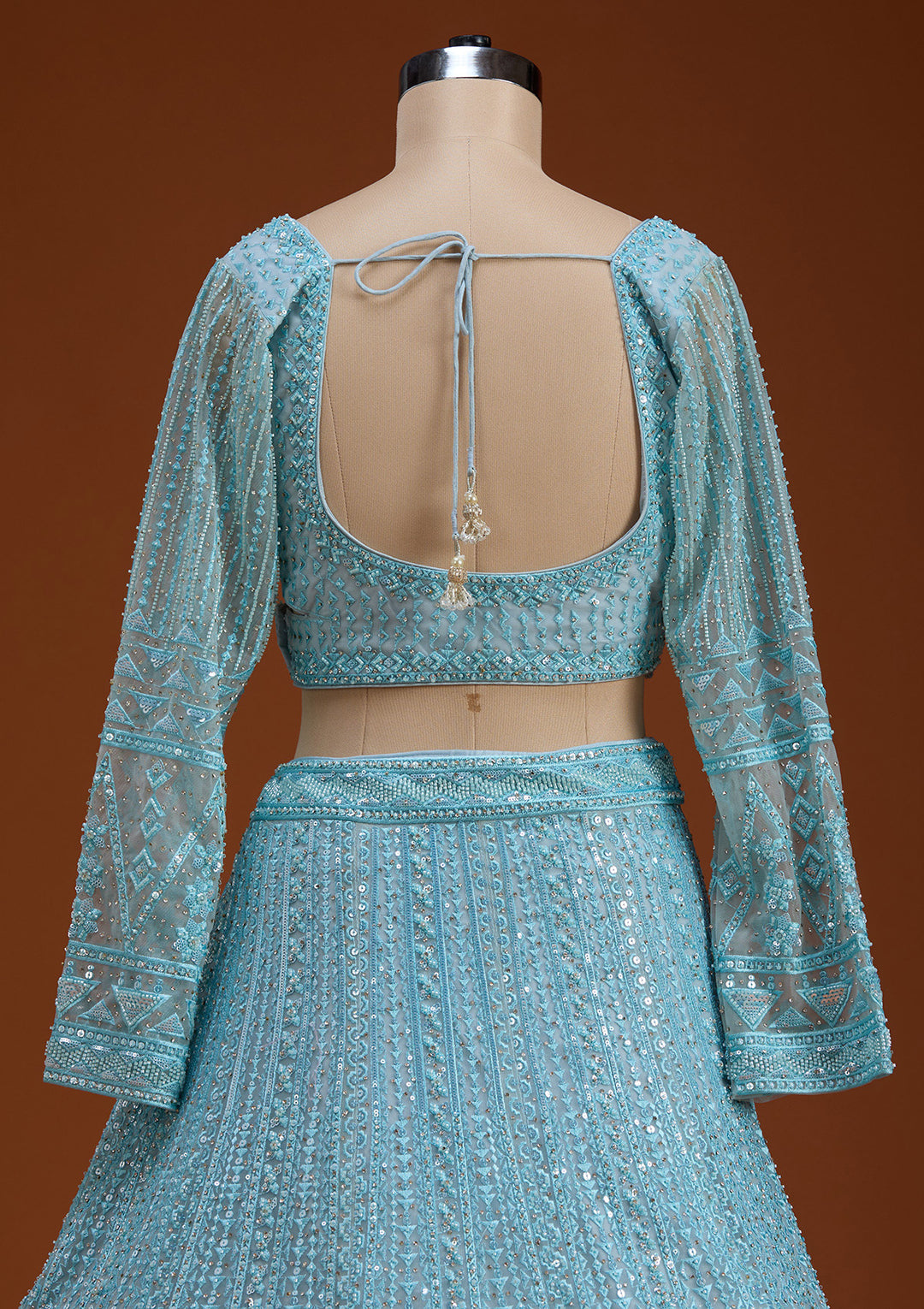 Sky Blue Threadwork Net Readymade Lehenga