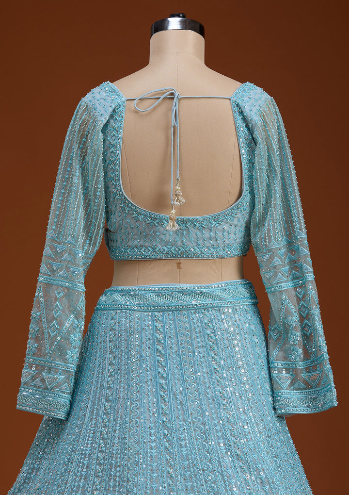 Sky Blue Threadwork Net Readymade Lehenga