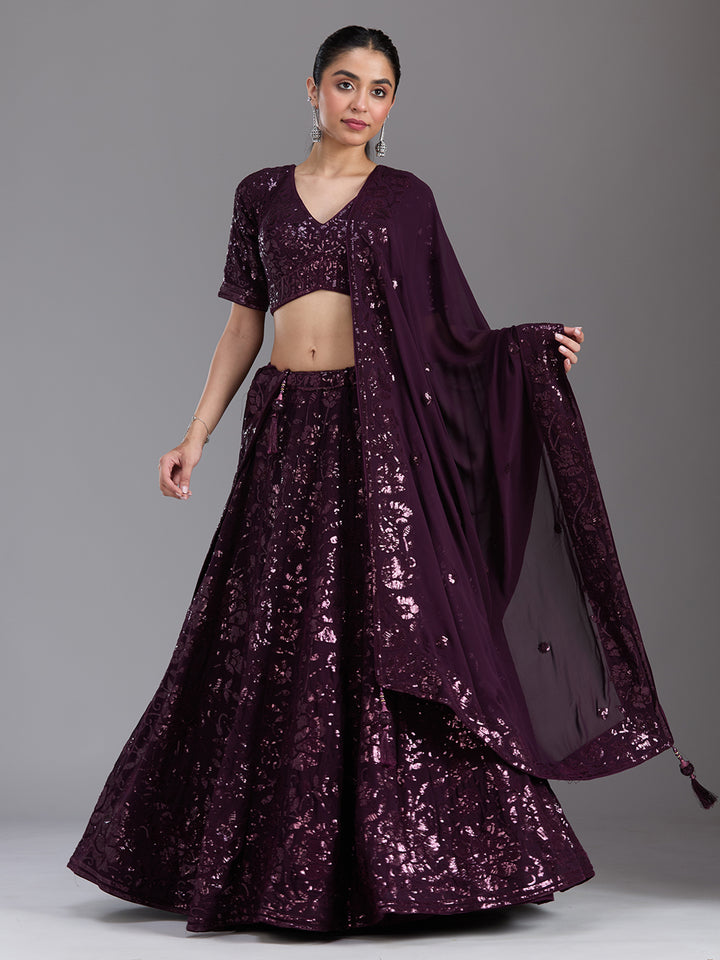 Wine Sequins Georgette Readymade Lehenga