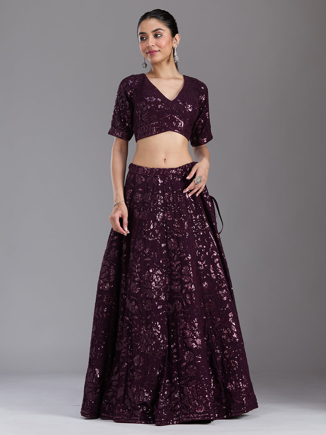Wine Sequins Georgette Readymade Lehenga
