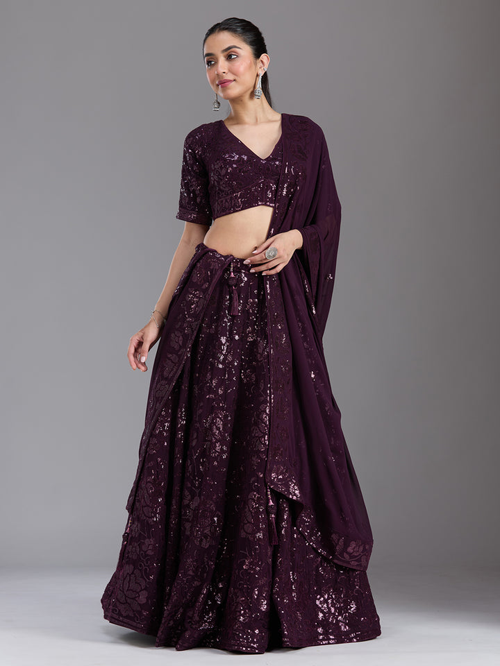 Wine Sequins Georgette Readymade Lehenga