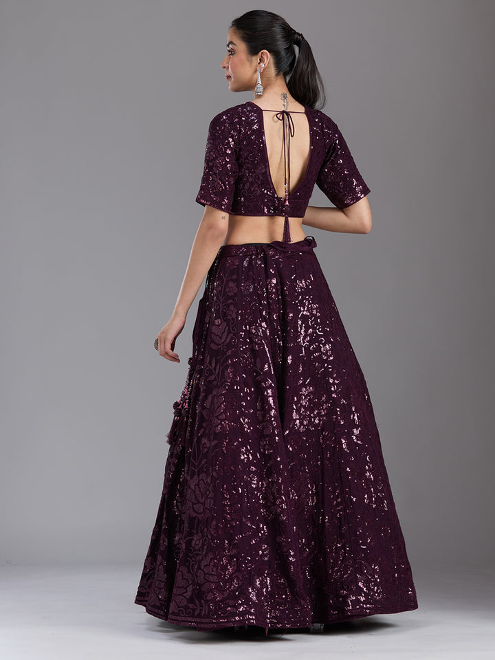 Wine Sequins Georgette Readymade Lehenga